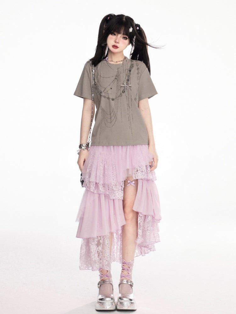 グレーのラウンドネックラインストーンチェーンヴィンテージTシャツ