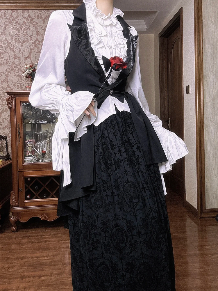 Lolita Shirt Komplett Schwarz und Weiß Gothic Rock Weste Set Lange Ärmel Elegant + -