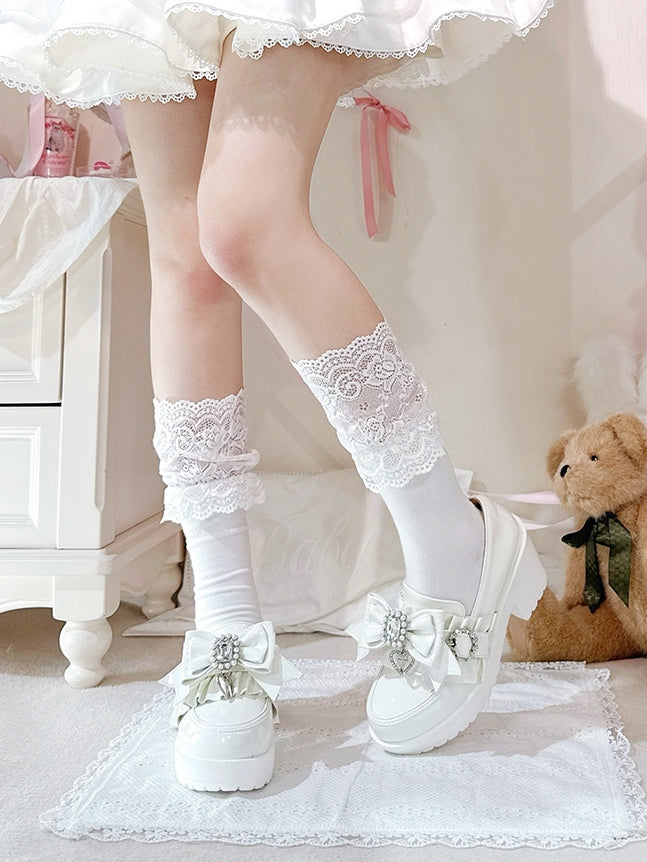 Jirai PU Kei White Bow Bead High Leather Rhinestone Polished Heels with 7.5cm