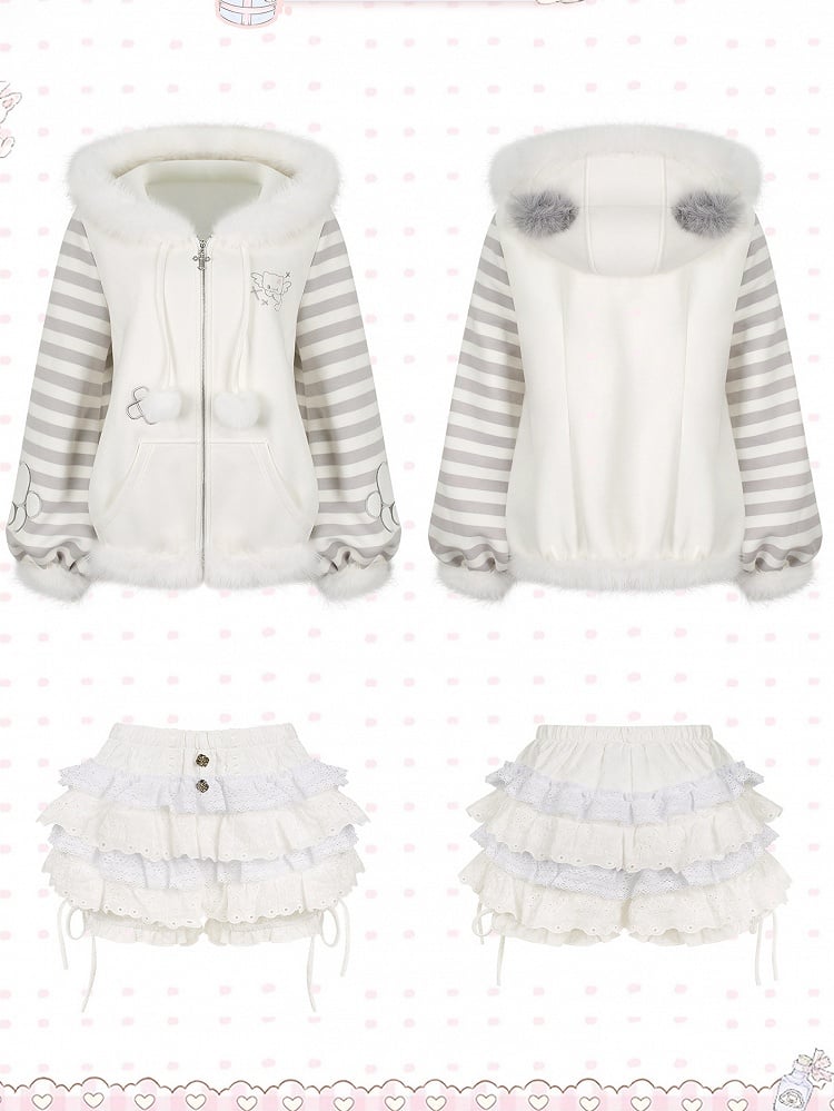 Otaku Embroidery White Hooded Jacket Moe - Gray Kitten