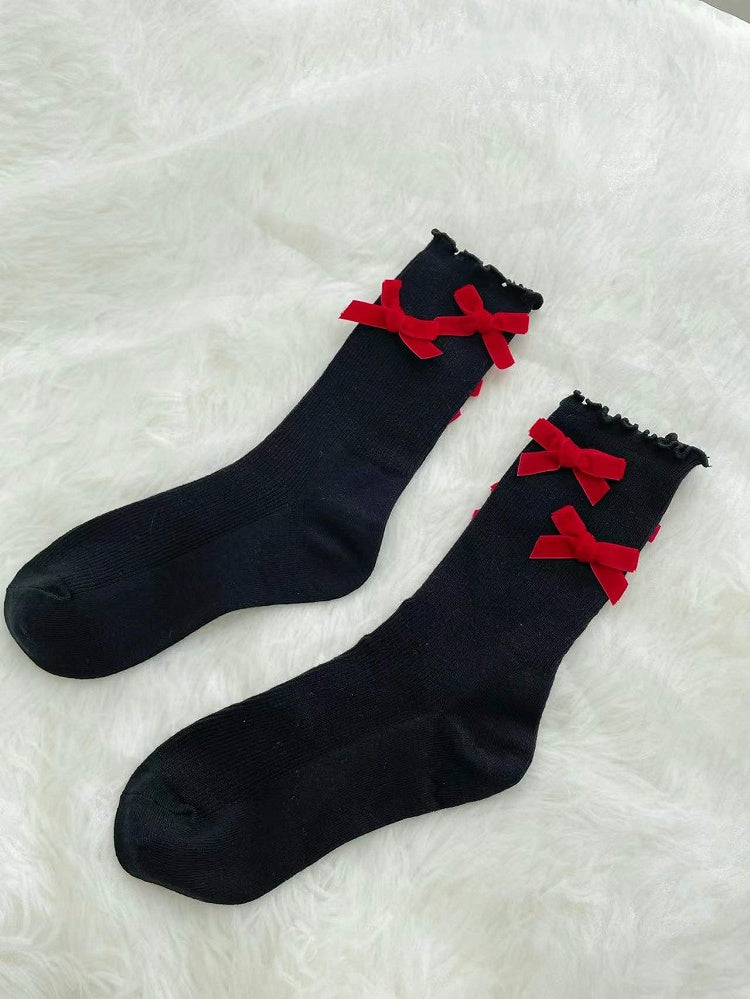 ベルベットリボン付きホワイト/ブラックロリータアンクルソックス