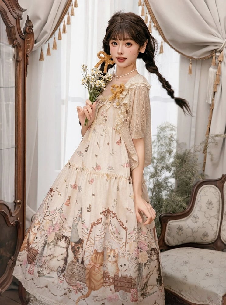 Beige Cat Print High Waist Sweet Lolita Jumper Skirt - NyaNya