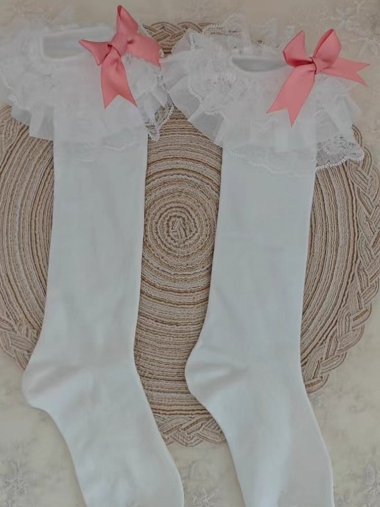 Socks Cuff Ruffle Blue/White/Pink Bow Calf Lace