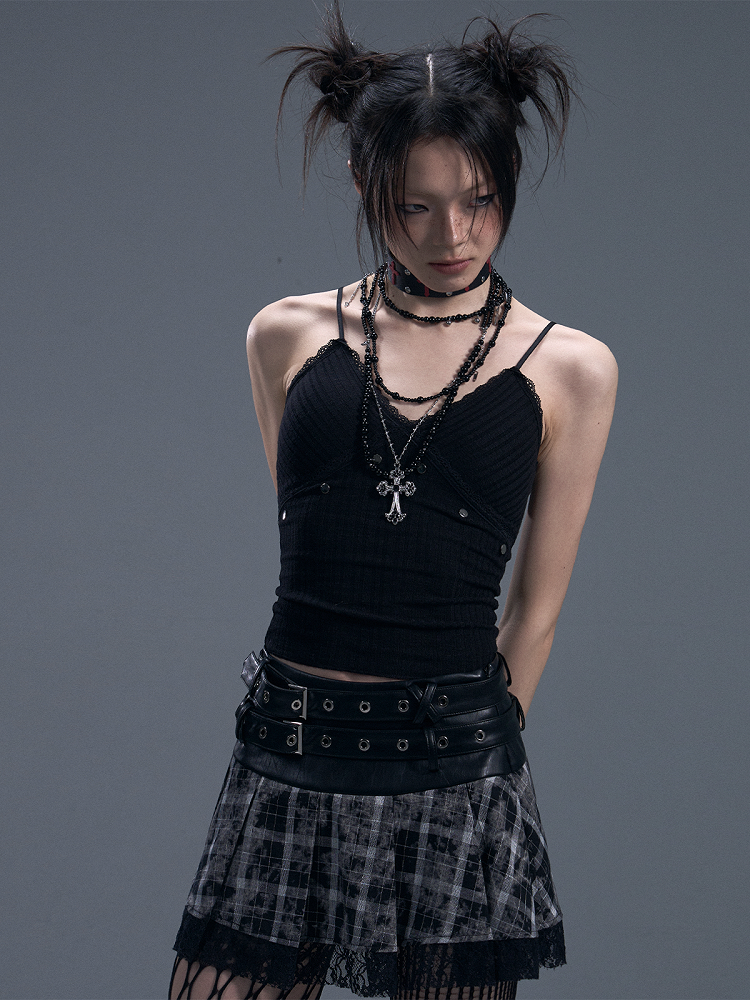 Black Punk Knit Crop Cami Top with Lace Studs