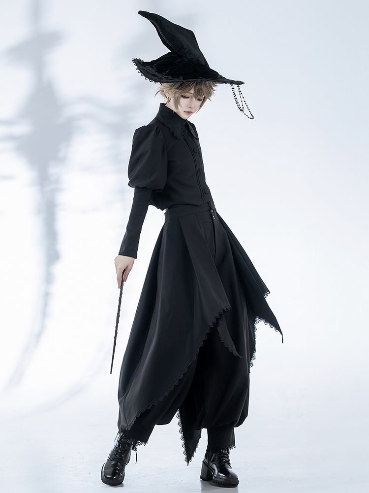 Lolita Black Gothic Cropped with Curved Wizard-Inspired Top Ouji Hemline