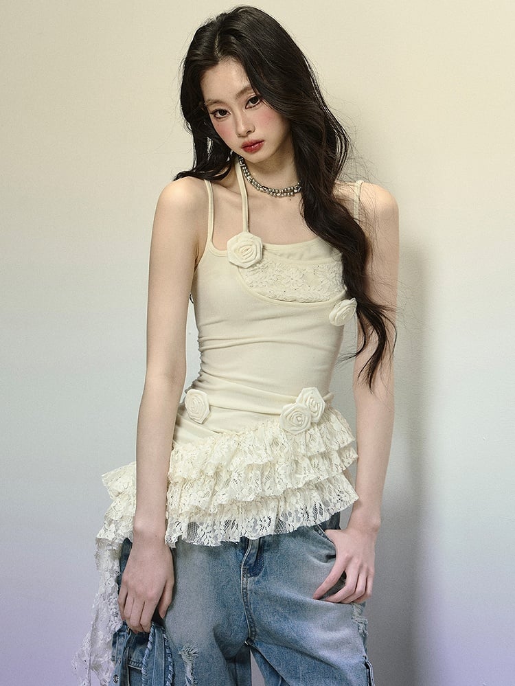 アプリコットフローラル装飾キャミソールトップス(アシンメトリーティアードヘム)