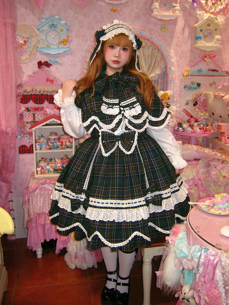 Green Plaid Bunny Ears and Cape Petal-like Trim Hooded with