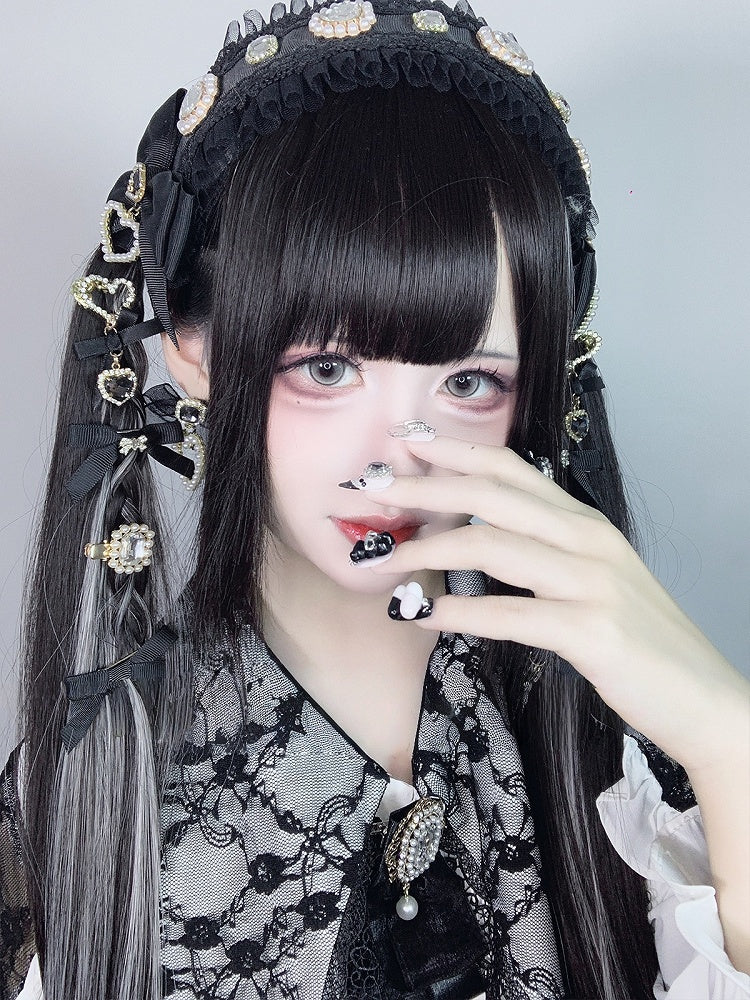 70CM Black Bangs Wig with Silver Highlight Straight