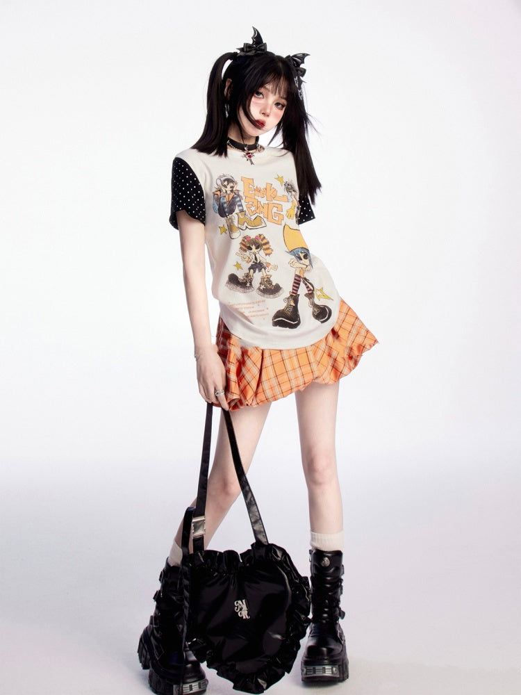 パピーオレンジチェック柄ドローストリングウエストプリントミニバブルスカート