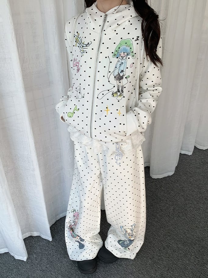 Polka with Print Girl Dot Jacket Black Cartoon White