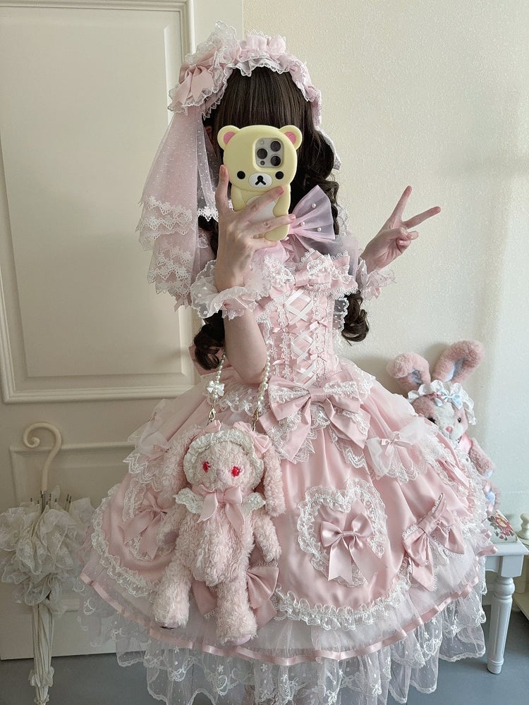 with Bow / Lace Cute Princess Full JSK Veil + Dress Lolita Big Pink Heart Doll-Style Details Set Train