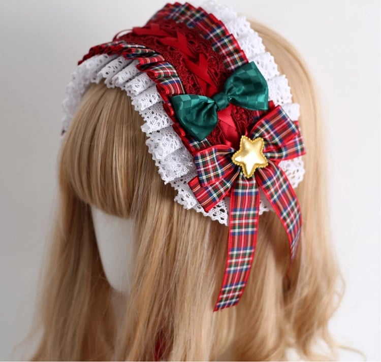 Ruffled Hairband Star Plaid Accent Christmas