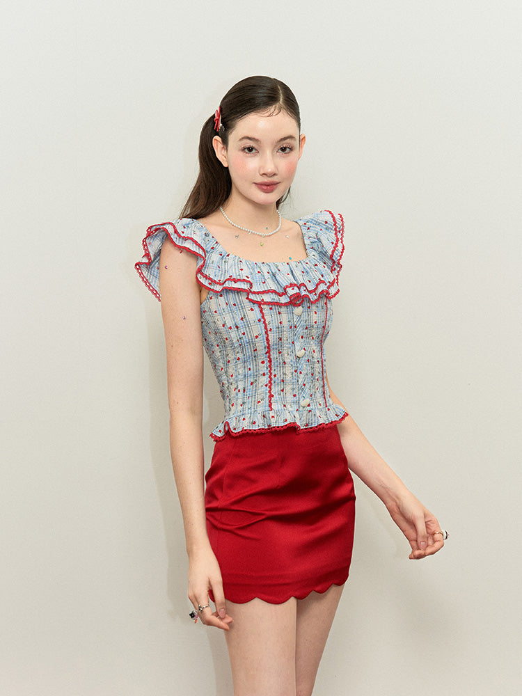 Scalloped High Skirt Waist Edge Red Trim