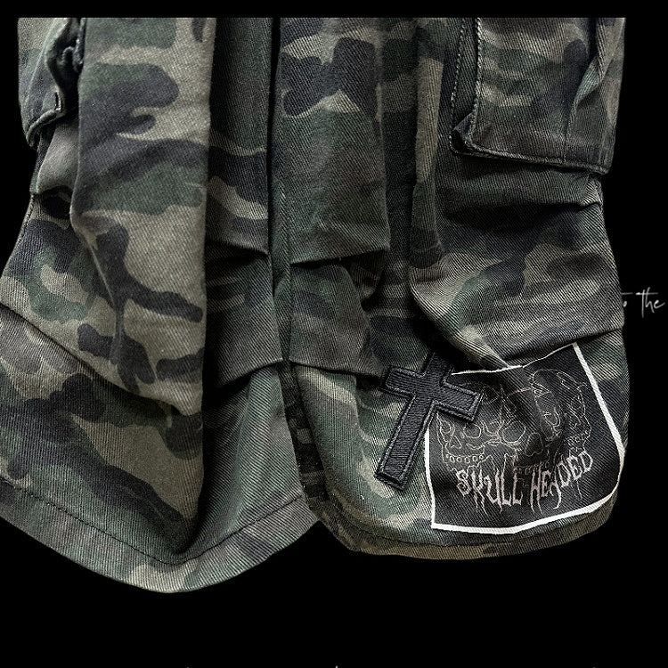 Pockets Camourflage Cross and Skeleton Appliques Cargo Shorts
