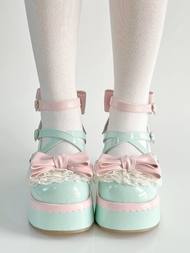 Mint Platform Jane Multi-layer Scalloped Pink with Mary Lace Bow Hem Shoes Upper Sweet Decor
