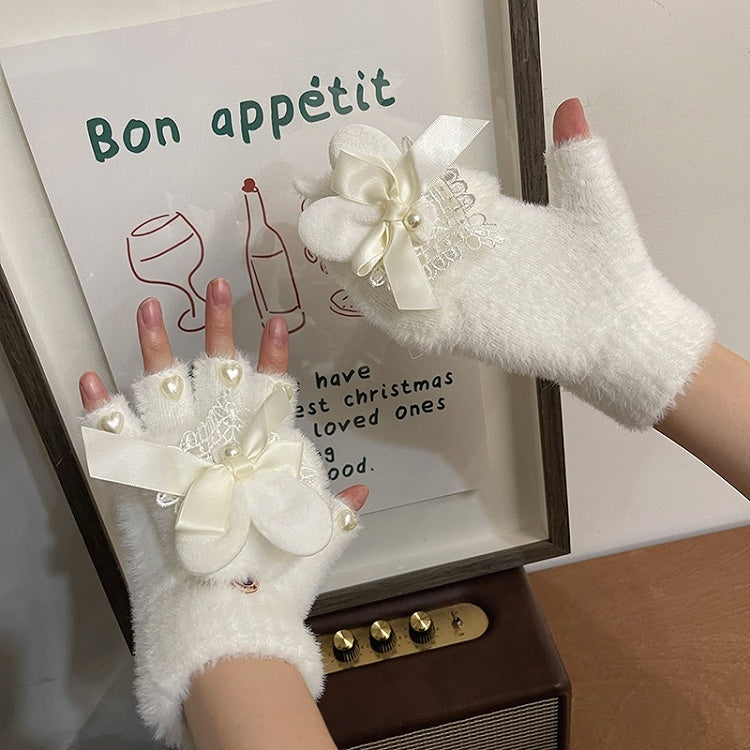 Schwarz/Weiß Niedliche Hasenohren Schleife Herz Perlen Spitze Details Plüschhandschuhe
