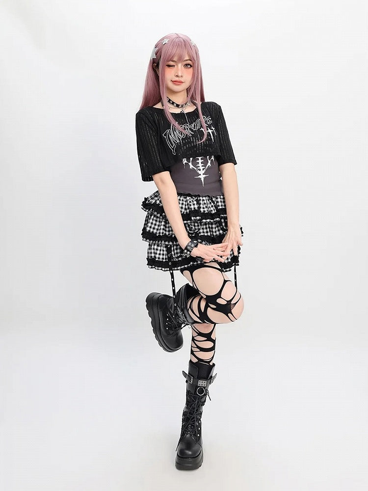 Red/Gray Tank Top with Halter Neck Coverup Set Graphic Black Y2K Cropped