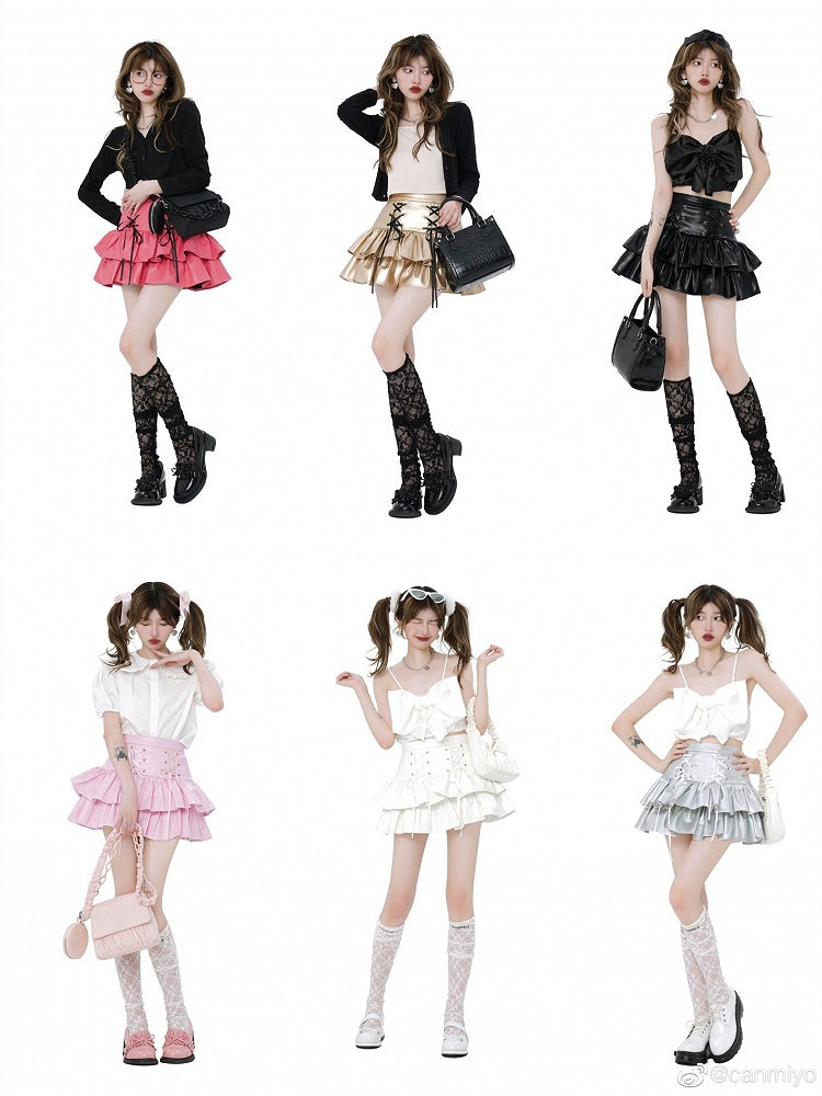 ハイウエストPUレザーティアードブラックスカート