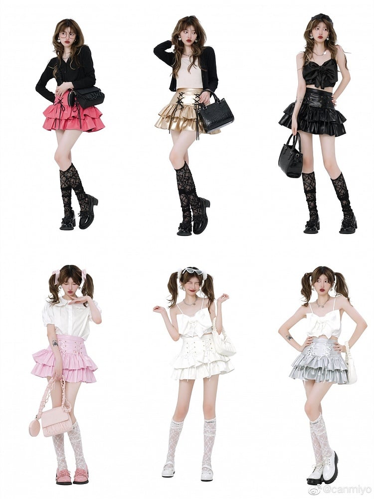 Tiered Skirt Leather PU Silver High Waist