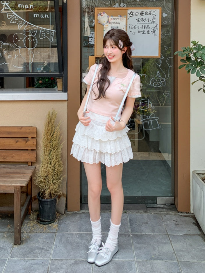 フェイクツーピース ピンクチェリー刺繍 スイートフローラルTシャツ