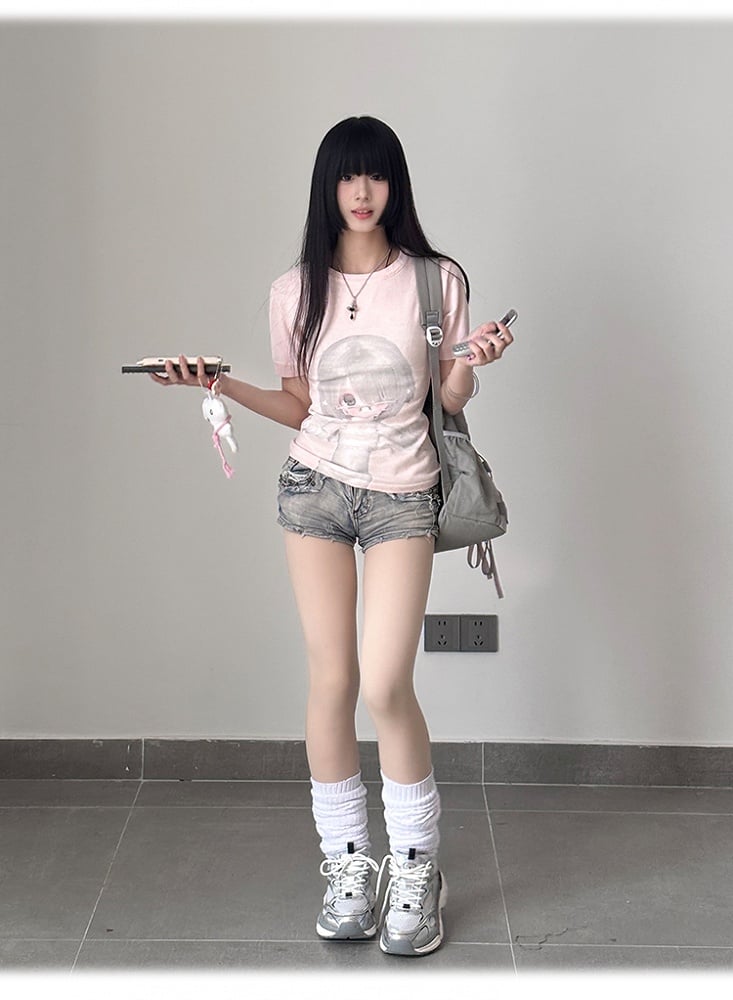 ネックBJDドールプリントスリムフィットTシャツピンクラウンド