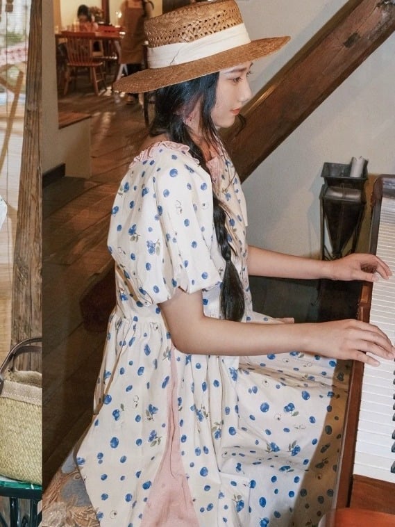 Blue and Pink Blueberry Print Ruffle Mori Kei Dress - Mori Doll