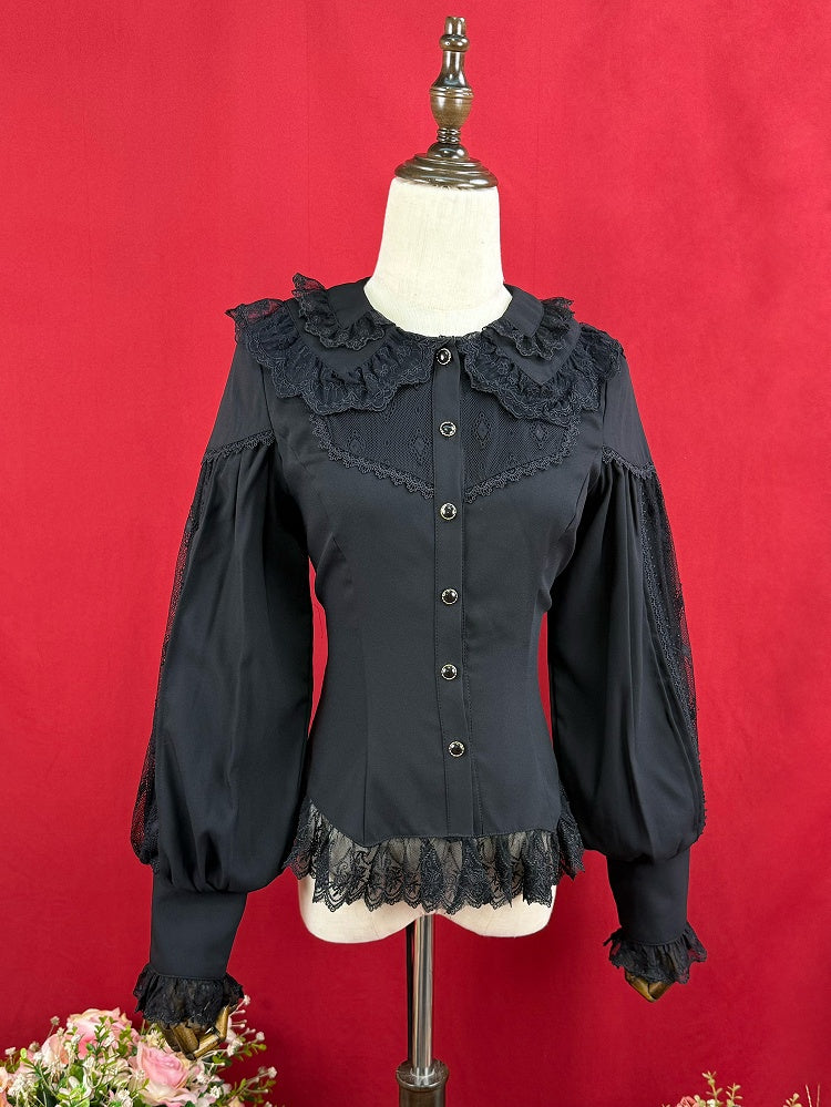 ブラックのダブルレイヤーカラーのエレガントな長袖シャツ