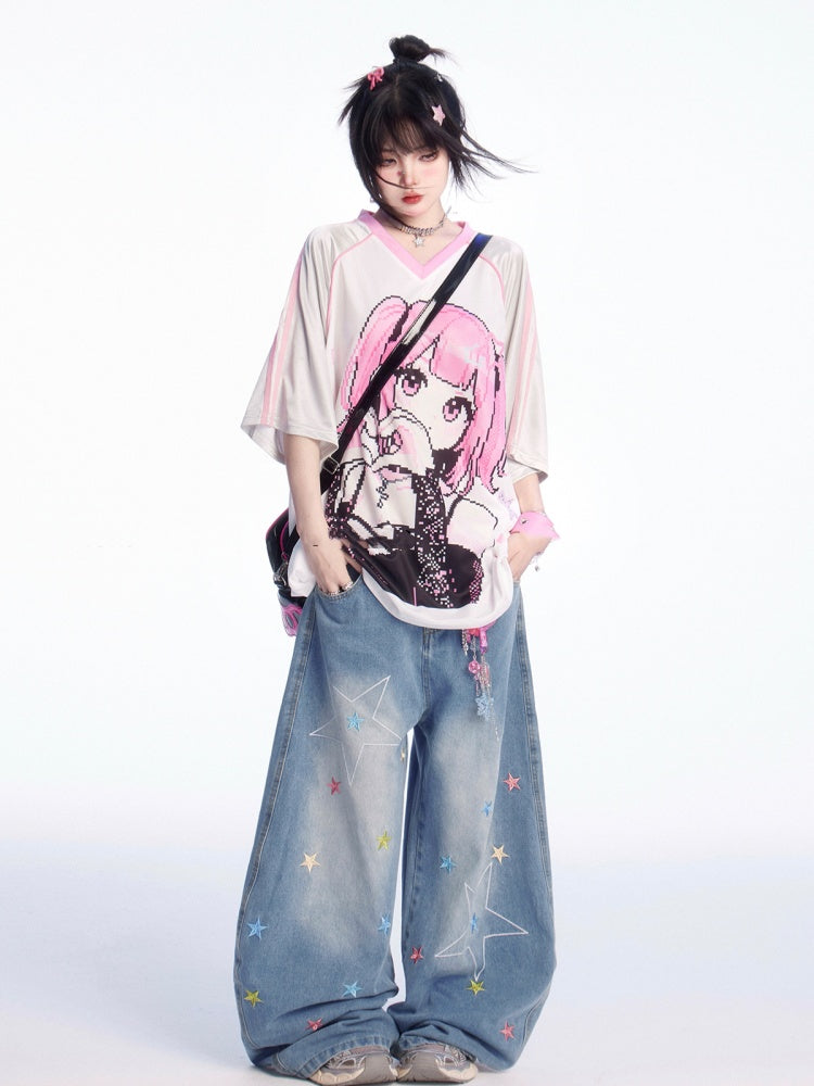 ピンクのルーズTシャツ Vネック 漫画ガールプリント ブロケットコア
