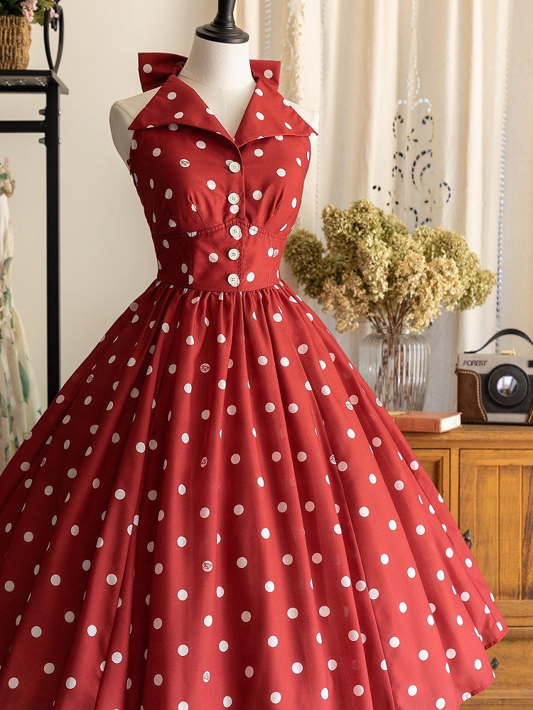 Polka Backless Halter Dots Red Dress Pattern Fashion Back Neck Print Big Retro Bow