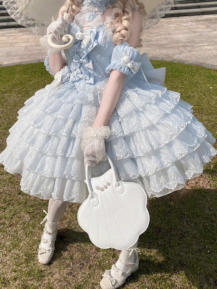 Princess Neck Hem Ruffle Halter Balletcore Lolita Layered Dress Blue with