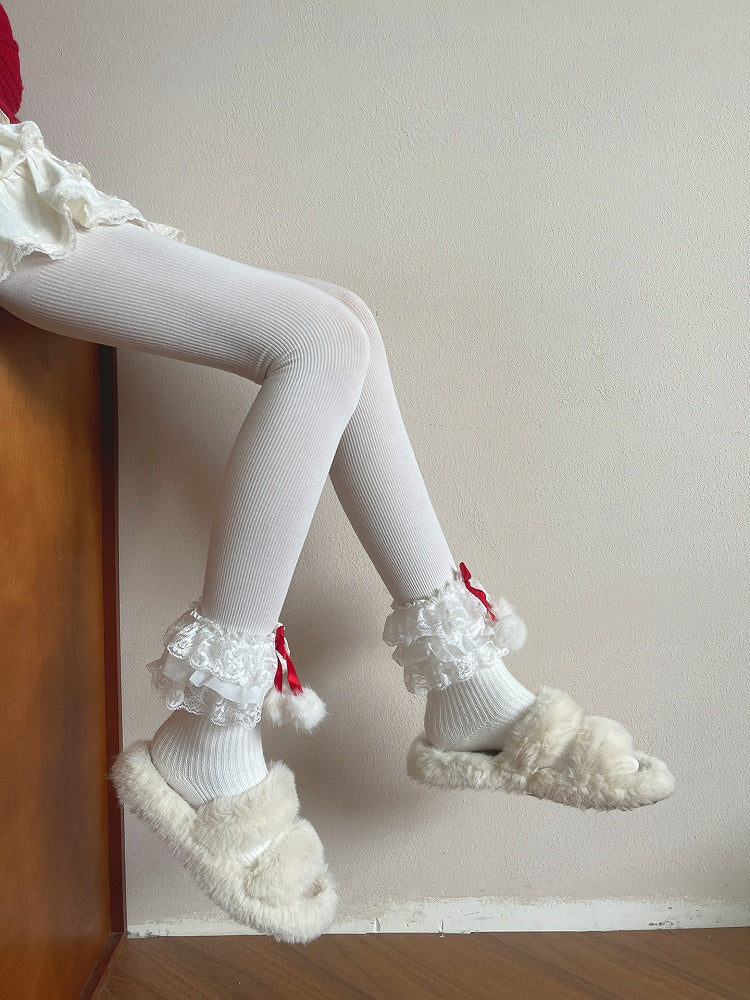 Socks Ruffle Multi-Layer Pom-Pom Lolita with 3 Colors Decoration