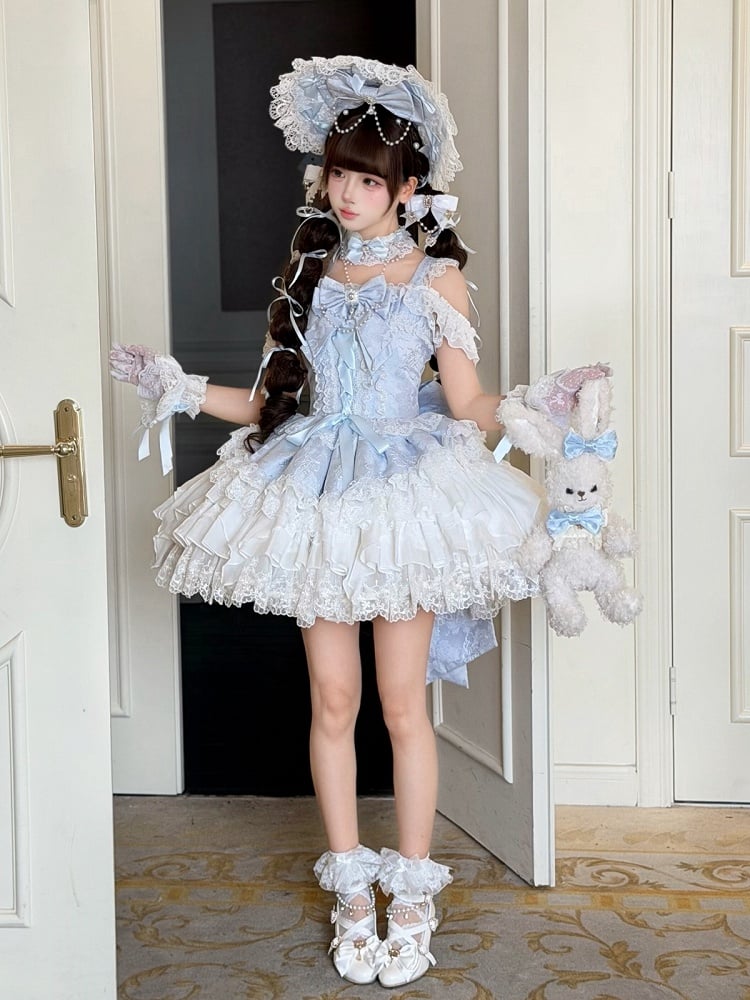 Blue Ballet Style Lace Ruffle Lolita JSK Dress with Bead Chain Bow Details - White Sugar Girl