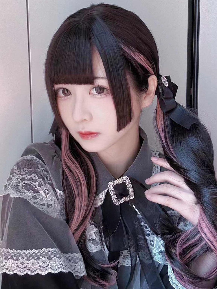 ピンクと黒のウィッグとウェーブヘア(長さ65cm、前髪あり)