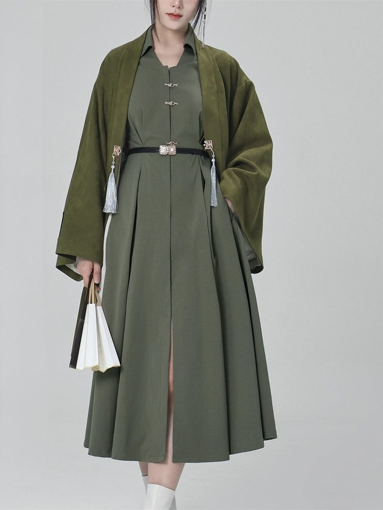 Green Box Dress Pleat Snap Construction Chinese V-neck Front Style