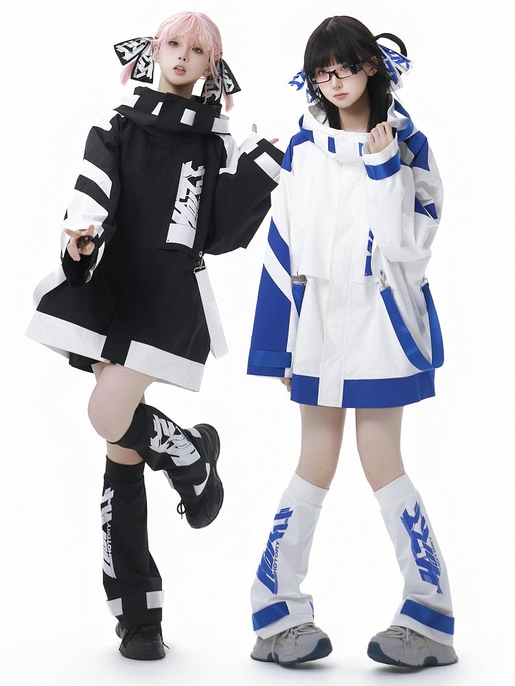 Black and White Jirai Kei Techwear Straps Design Hooded Windbreaker Jacket