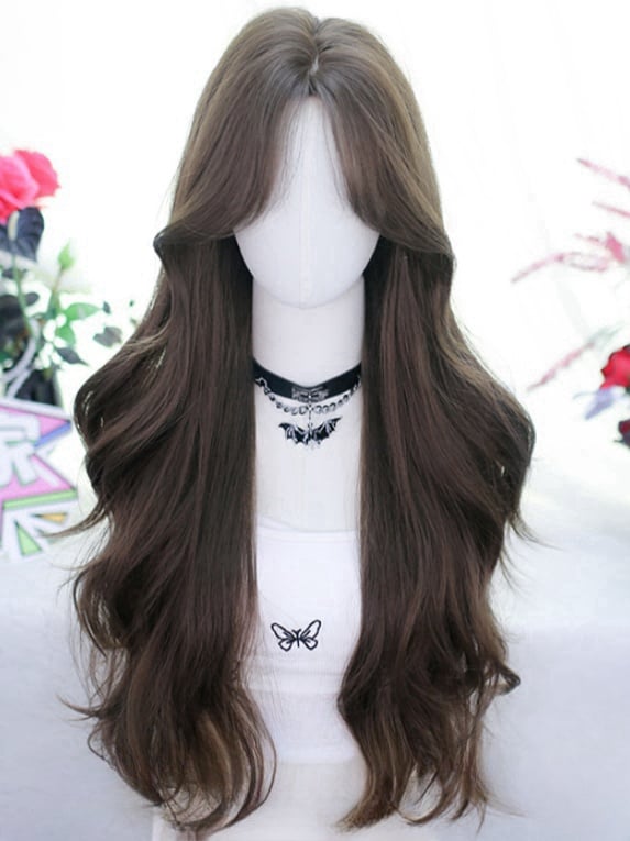 Braune, hüftlange, gewellte Perücke mit Vorhangpony, 65–70 cm