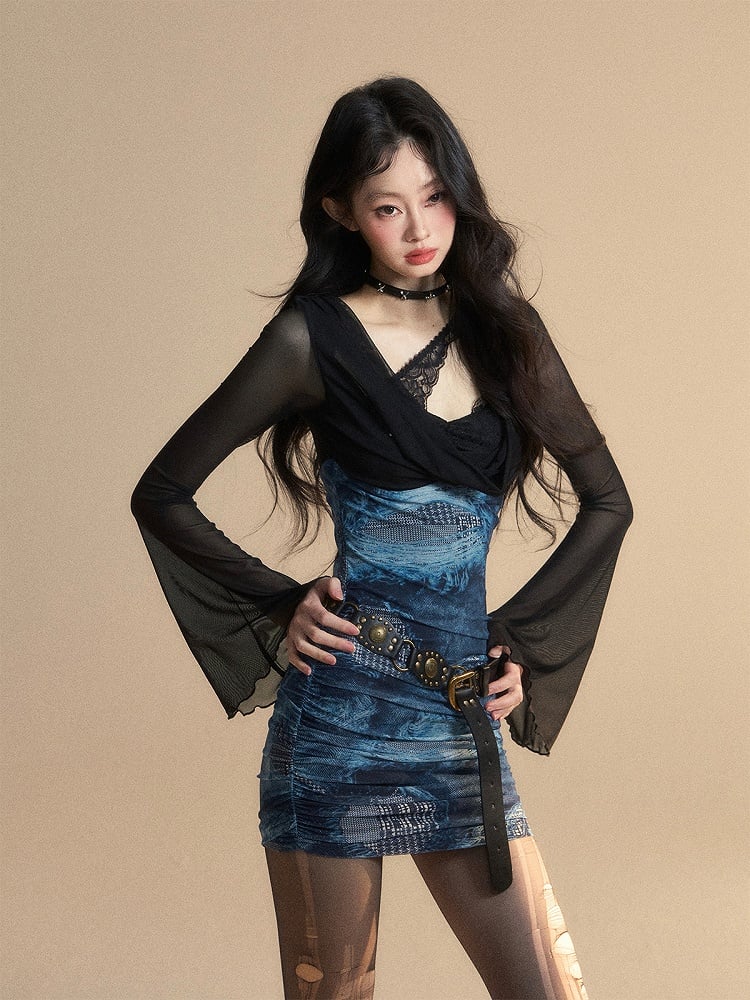 Minikleid Schwarz Kunst Zweiteiler Blau V-Ausschnitt Glockenärmel Glamorous