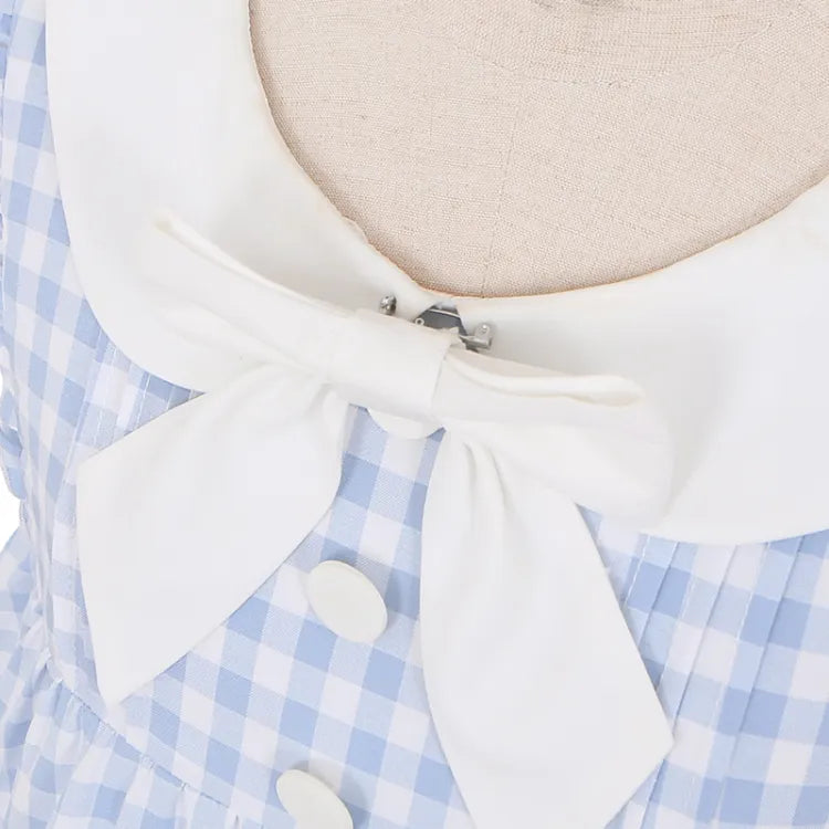 Blaue Taschen Herzförmiges süßes Kleid Bowknots Plaid Flatterärmel Licht