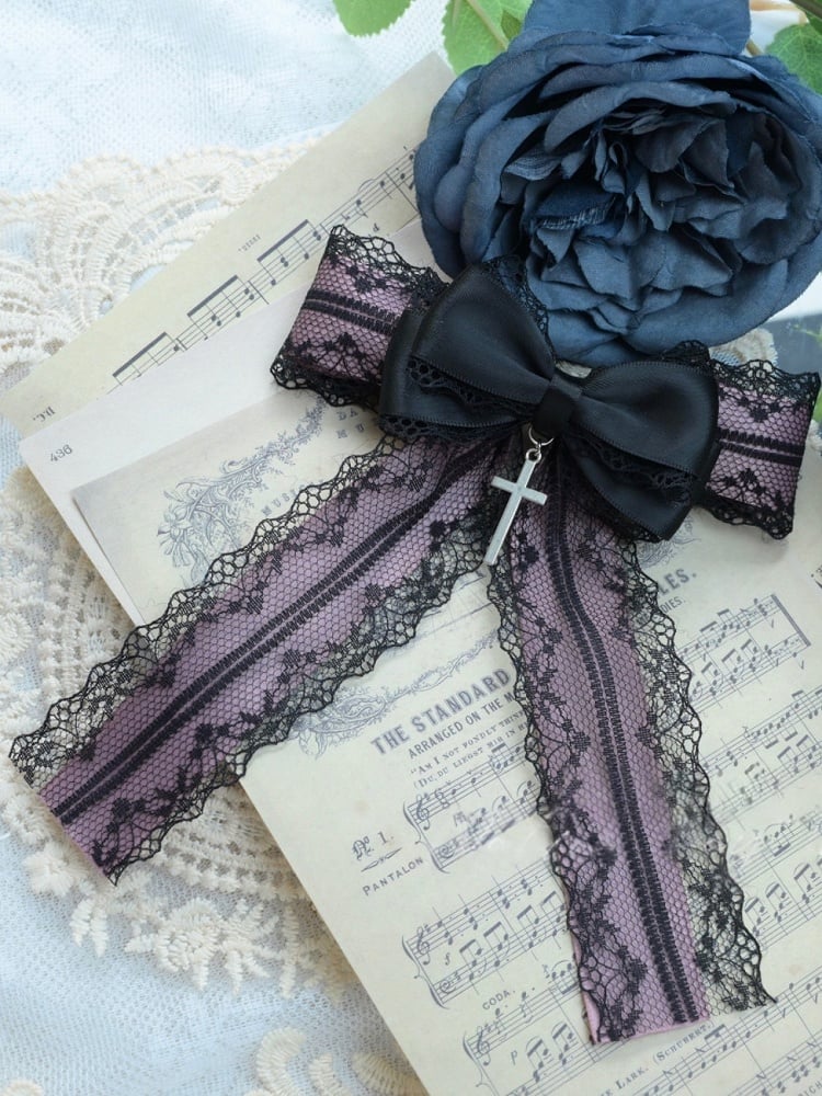 Lace Purple Jirai Charm with Cross Brooch Black Bow Kei
