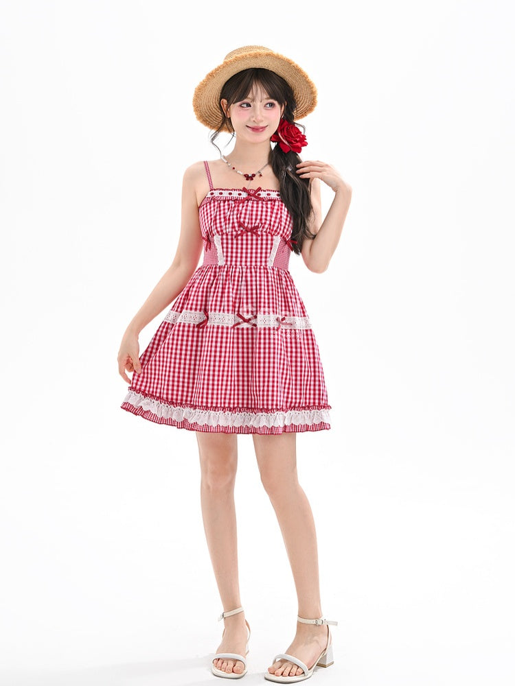 アクセントレース サマートリム ホリデーキャミワンピース 蝶結び 赤と白のチェック柄