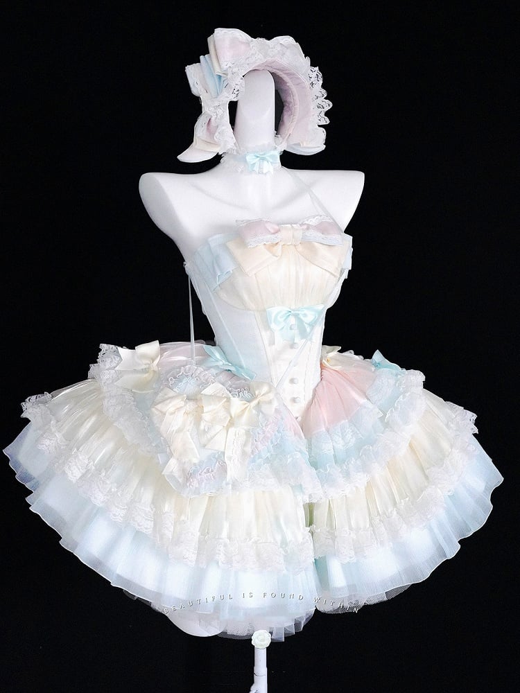 Süßes Lolita-Ballettkleid, blauer gestufter rosa Rock, gelbe Korsett-Taille