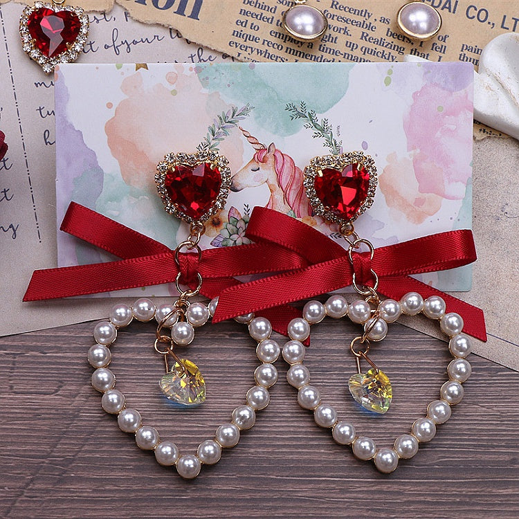 Kei Earrings Heart 7 Options Rhinestone Color Jirai Bowknot
