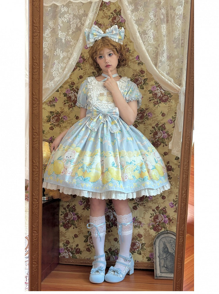 Lolita Sweet Sleeves Dress Teddy and Short Lemon Print Blue