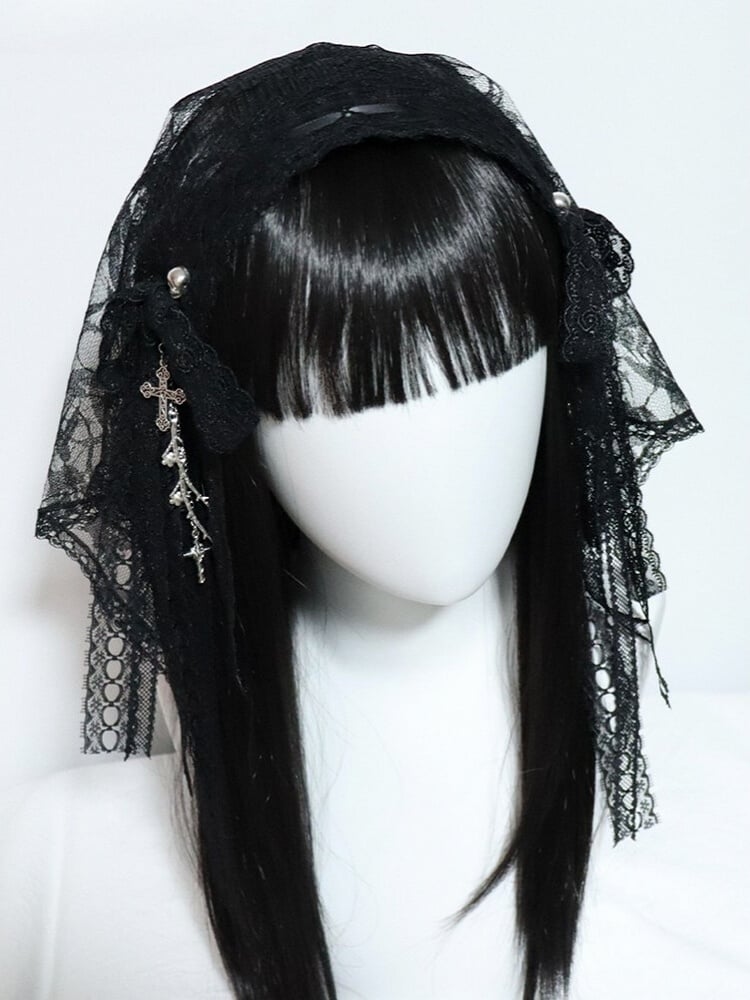 Cross Veil Hairband And Black/White Lace Floral Charm Details Bowknot