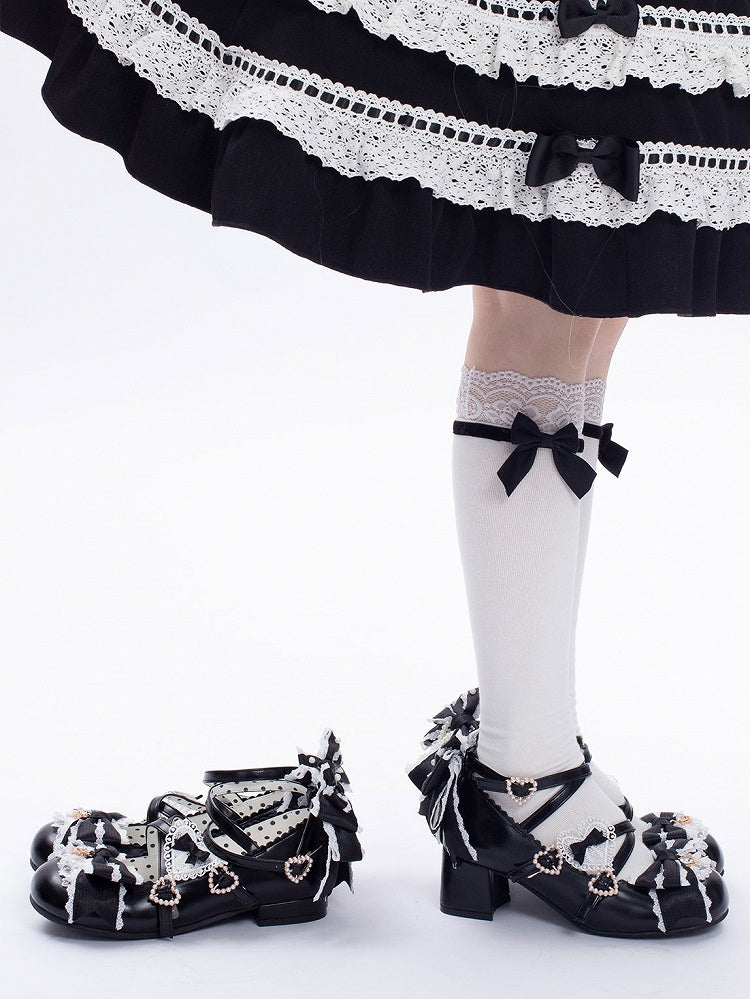 Straps 2CM/5CM Black Heels Bowknot Heart Crisscross Shoes Design Buckle Sweet Details Block Lolita
