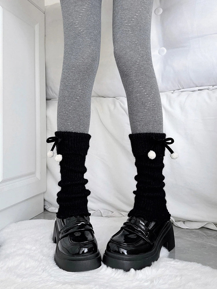 Black Warmers Slouchy Pom-Pom Leg Bow