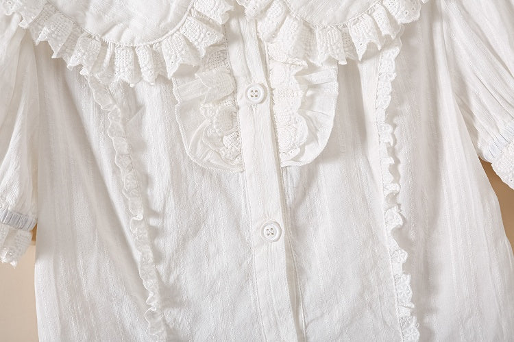 Flat Round Sleeves Cotton Lolita Short Collar Blouse White Sweet