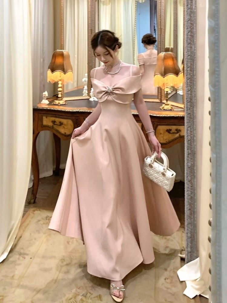 Elegant Detachable with Bowknot Long Straps Dress Off-Shoulder Party