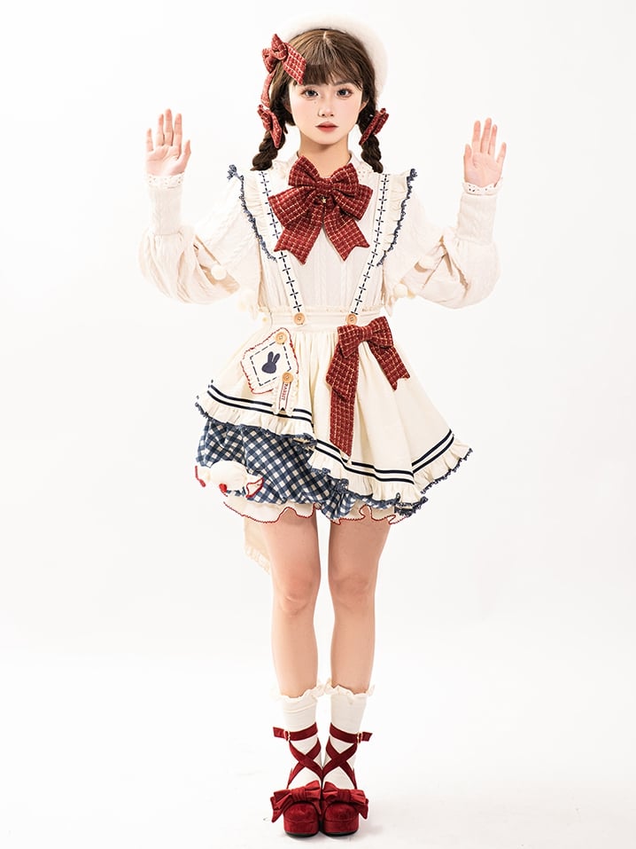 ホワイトの長袖ニットトップ、エプロン、ブルーのチェック柄ブルマーショーツ、スイートロリータフルセット