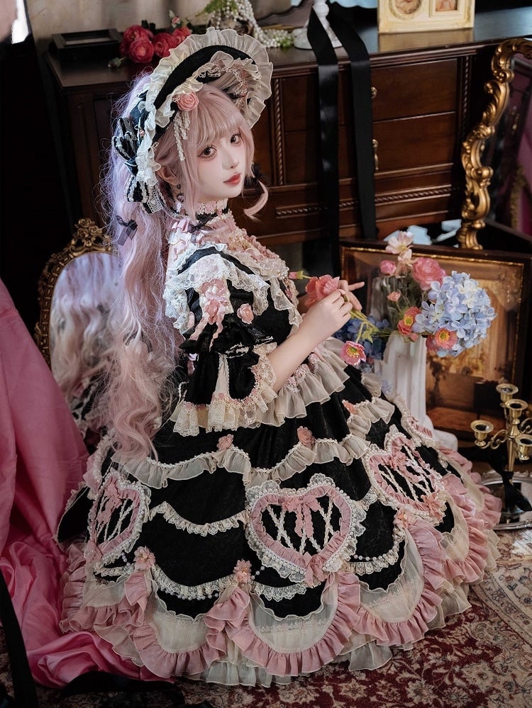 黒の花嫁ロゼット刺繍花柄ビーズチェーンロリータOPフルセット